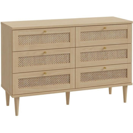 Commode - 6 tiroirs - Décor Chene - Cannage -  L120 x P41,4 x H80 cm - CALASETTA