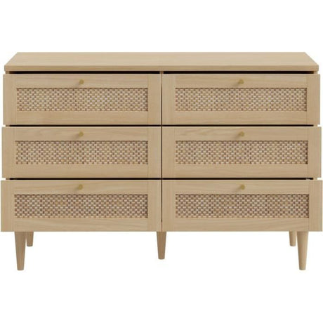 Commode - 6 tiroirs - Décor Chene - Cannage -  L120 x P41,4 x H80 cm - CALASETTA