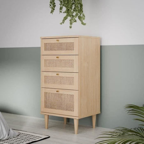 Chiffonnier  4 tiroirs - Décor Chene et cannage - L50,4 x P41,4 x H108,8 cm - CALASETTA