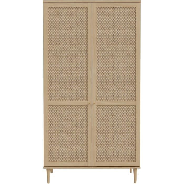 Armoire de chambre - 2 portes battantes - Décor Chene - Cannage - L110 x H208 x P54 cm - CALASETTA
