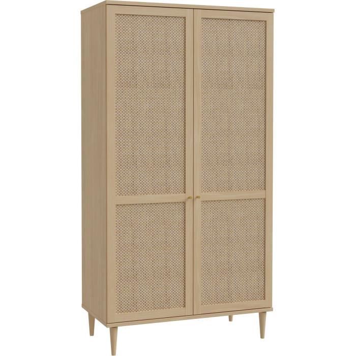 Armoire de chambre - 2 portes battantes - Décor Chene - Cannage - L110 x H208 x P54 cm - CALASETTA