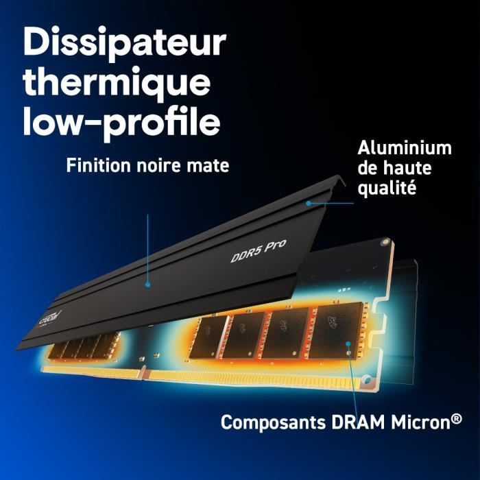 Mémoire RAM - CRUCIAL - DDR5 PRO - Kit 48 Go (2 x 24 Go) - 5600 MT/s - UDIMM - CL46 - CP2K24G56C46U5
