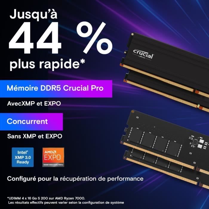 Mémoire RAM - CRUCIAL - DDR5 PRO - Kit 48 Go (2 x 24 Go) - 5600 MT/s - UDIMM - CL46 - CP2K24G56C46U5