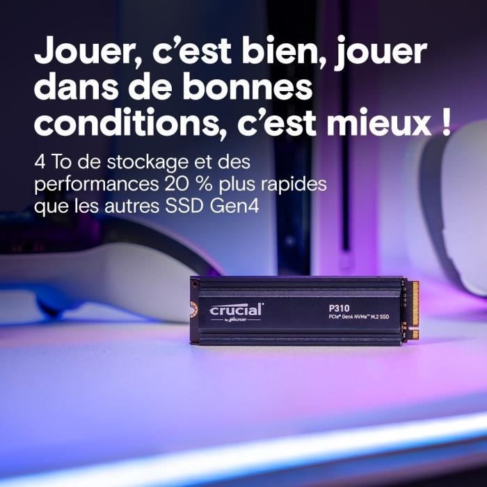 CRUCIAL - P310 - SSD interne - 4 To - PCIe Gen4 NVMe M.2 - Avec dissipateur - Vitesse lecture Jusqu'a 7100 Mo/s - CT4000P310SSD5