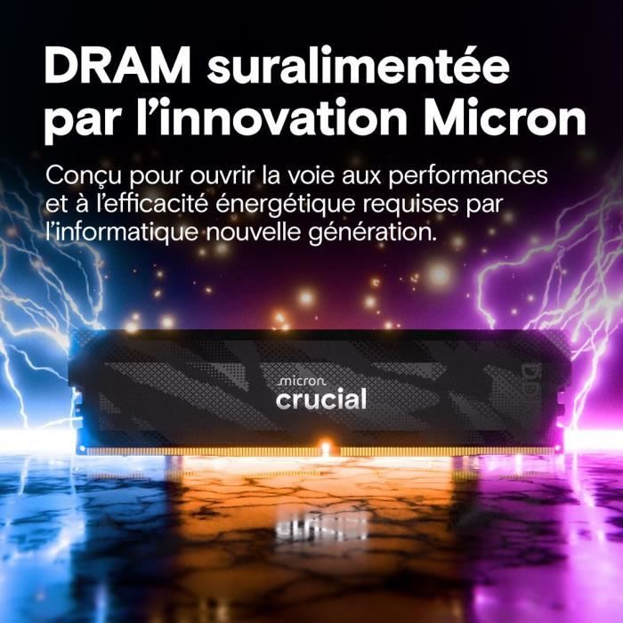 Mémoire gamer - CRUCIAL Pro OC - CP16G64C32U5B - 16 Go DDR5-6400 UDIMM - CL32 avec dissipateur thermique - Noir