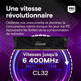 Mémoire gamer - CRUCIAL Pro OC - CP16G64C32U5B - 16 Go DDR5-6400 UDIMM - CL32 avec dissipateur thermique - Noir