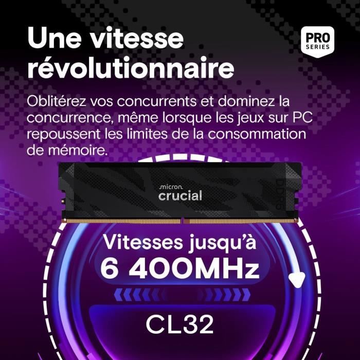 Mémoire gamer - CRUCIAL Pro OC - CP16G64C32U5B - 16 Go DDR5-6400 UDIMM - CL32 avec dissipateur thermique - Noir