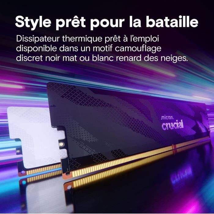Mémoire gamer - CRUCIAL Pro OC - CP16G64C32U5W - 16 Go DDR5-6400 UDIMM - CL32 avec dissipateur thermique - Blanc