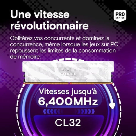 Kit mémoire gamer - CRUCIAL Pro OC - CP2K16G64C32U5W - 32 Go (2x 16 Go) DDR5-6400 UDIMM - CL32 avec dissipateur thermique - Blanc