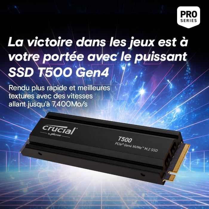 Crucial T500 SSD 2To PCIe Gen4 NVMe M.2 PS5 SSD Interne Gaming avec Dissipateur, compatible PlayStation 5 - CT2000T500SSD5