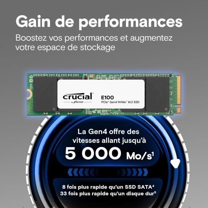 SSD interne - CRUCIAL - E100 - 1 To - PCIe Gen4 NVMe M.2 - Jusqu'a 5000 Mo/s