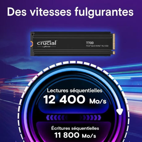 SSD interne - Crucial - T700 - 2 To - avec Diss - PCIe 5.0 - 12 400 Mo/s lecture - 11 800 Mo/s écriture