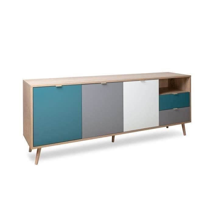 Buffet bas - Décor chene sonoma et blanc - Style scandinave - 3 portes - CUBA - L 180 cm