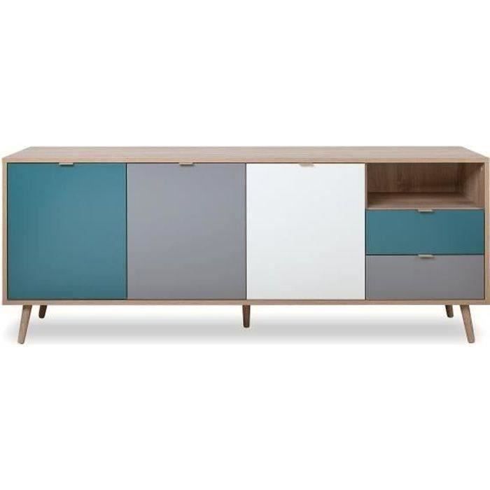 Buffet bas - DÈcor chene sonoma et blanc - Style scandinave - 3 portes - CUBA - L 180 cm