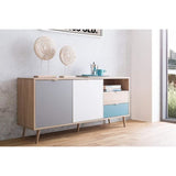 Buffet bas - Chene, gris et bleu pÈtrole - Scandinave - CUBA - L 150 x P 40 x H 71 cm