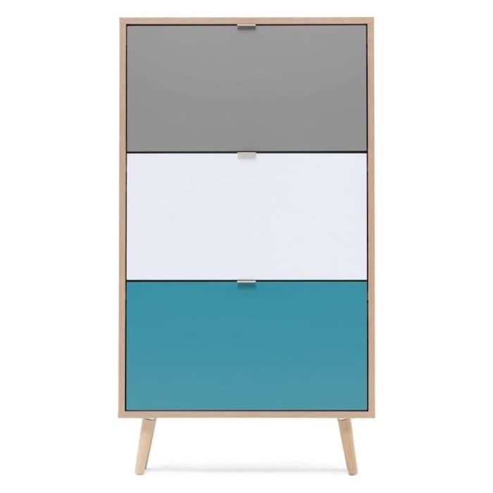 Meuble a chaussures CUBA - Décor Chene blanc et bleu - L70 x P24 x H125 cm