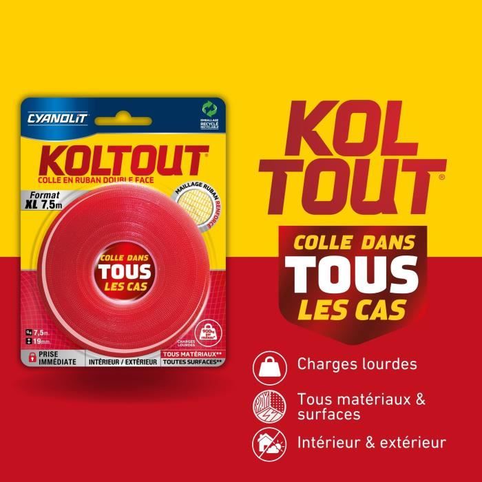 Ruban adhésif double face - CYANOLIT - Koltout ruban XL - 7,5 m x 19 mm - Haute adhérence - Discret et résistant