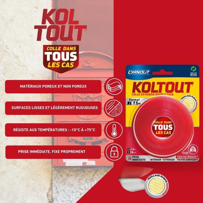 Ruban adhésif double face - CYANOLIT - Koltout ruban XL - 7,5 m x 19 mm - Haute adhérence - Discret et résistant