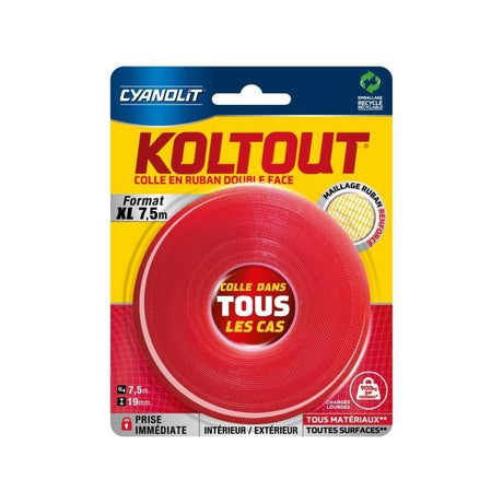 Ruban adhésif double face - CYANOLIT - Koltout ruban XL - 7,5 m x 19 mm - Haute adhérence - Discret et résistant