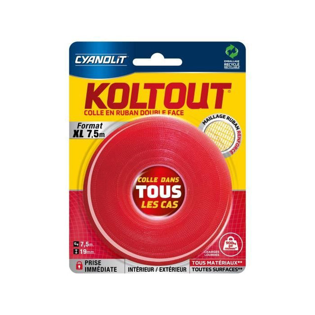 Ruban adhésif double face - CYANOLIT - Koltout ruban XL - 7,5 m x 19 mm - Haute adhérence - Discret et résistant