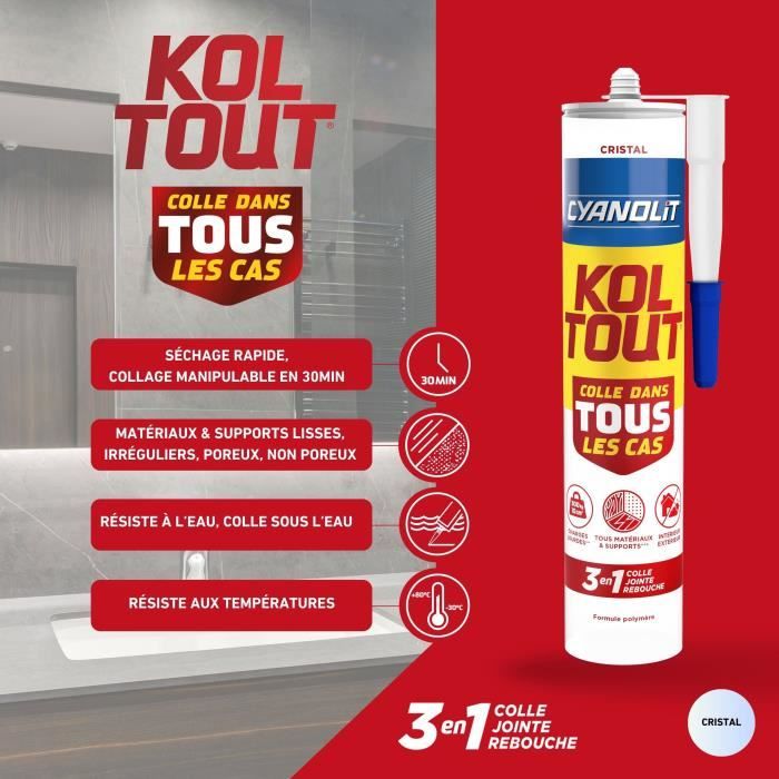 Colle de fixation et d'étanchéité - CYANOLIT - Cristal - Cartouche 290 ml - Transparent - Polyvalente, résistante et flexible
