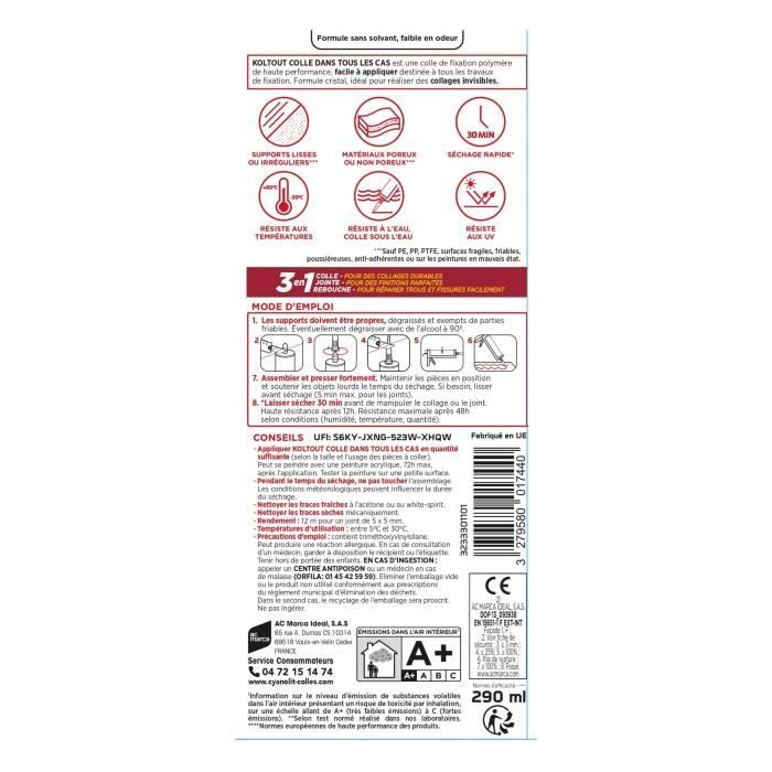 Colle de fixation et d'étanchéité - CYANOLIT - Cristal - Cartouche 290 ml - Transparent - Polyvalente, résistante et flexible