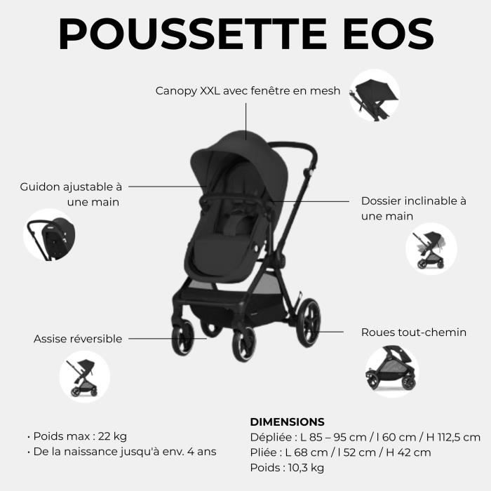 CYBEX Pack Poussette Trio EOS BLACK Moon Black : Poussette convertible 2en1 + Siege auto Aton B2 i-size + Hamac convertible Nacelle