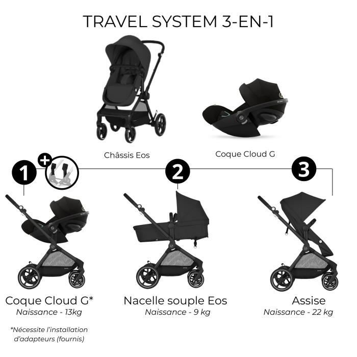 CYBEX Poussette trio EOS PLUS + Cloud G : poussette convertible + siege auto naissance allongeable+nacelle transformable en assise