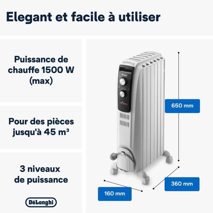 Radiateur bain d'huille Dragon4 DELONGHI - 1500W - 3 allures de chauffe - Technologie Real Energy - Effet cheminÈe
