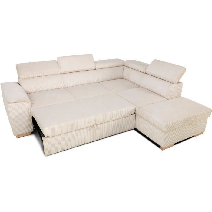 Canapé d'angle convertible réversible 5 places DAYTONA - Velours côtelé beige - Coffre de rangement - L 260 x H 94 x P 216 cm