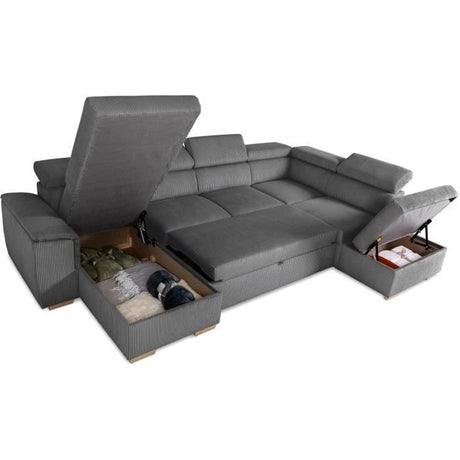 Canapé d'angle convertible panoramique 5 a 6 places DAYTONA - Velours côtelé anthracite - Avec coffre - L 326 x H 94 x P 216 cm