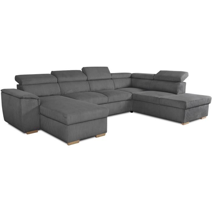 Canapé d'angle convertible panoramique 5 a 6 places DAYTONA - Velours côtelé anthracite - Avec coffre - L 326 x H 94 x P 216 cm