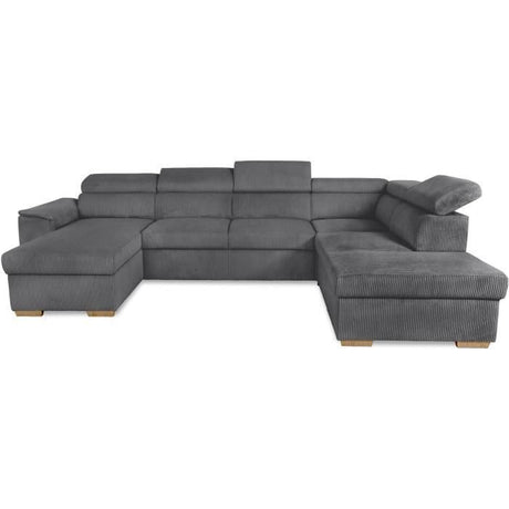 Canapé d'angle convertible panoramique 5 a 6 places DAYTONA - Velours côtelé anthracite - Avec coffre - L 326 x H 94 x P 216 cm