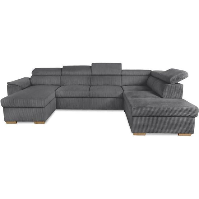 Canapé d'angle convertible panoramique 5 a 6 places DAYTONA - Velours côtelé anthracite - Avec coffre - L 326 x H 94 x P 216 cm