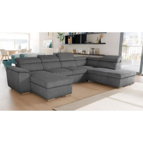 Canapé d'angle convertible panoramique 5 a 6 places DAYTONA - Velours côtelé anthracite - Avec coffre - L 326 x H 94 x P 216 cm