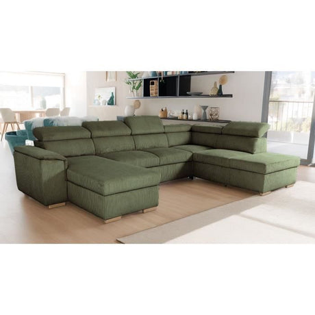 Canapé d'angle convertible panoramique 5 a 6 places DAYTONA - Velours côtelé kaki - Avec coffre - L 326 x H 94 x P 216 cm