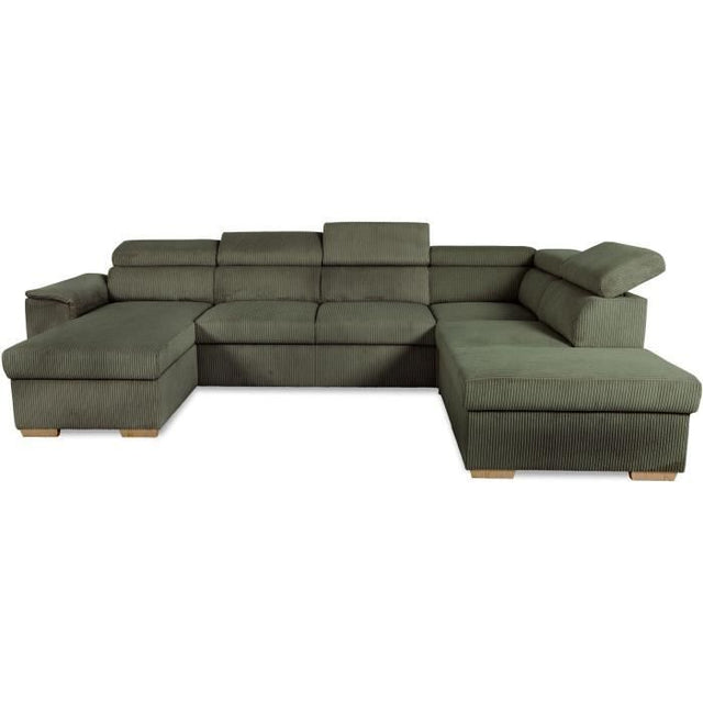 Canapé d'angle convertible panoramique 5 a 6 places DAYTONA - Velours côtelé kaki - Avec coffre - L 326 x H 94 x P 216 cm