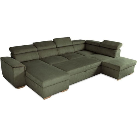 Canapé d'angle convertible panoramique 5 a 6 places DAYTONA - Velours côtelé kaki - Avec coffre - L 326 x H 94 x P 216 cm