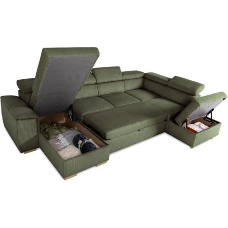 Canapé d'angle convertible panoramique 5 a 6 places DAYTONA - Velours côtelé kaki - Avec coffre - L 326 x H 94 x P 216 cm