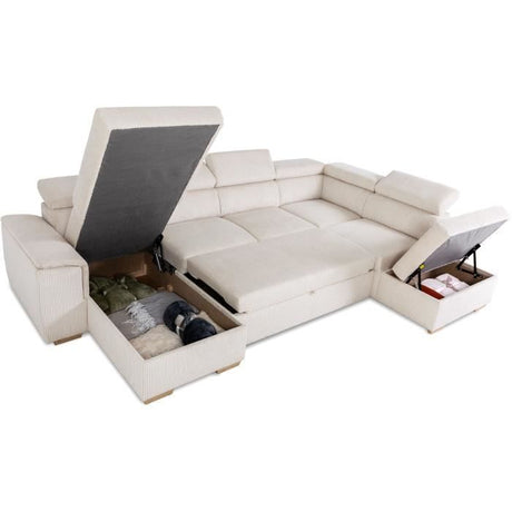 Canapé d'angle convertible panoramique 5 a 6 places DAYTONA - Velours côtelé beige - Avec coffre - L 326 x H 94 x P 216 cm
