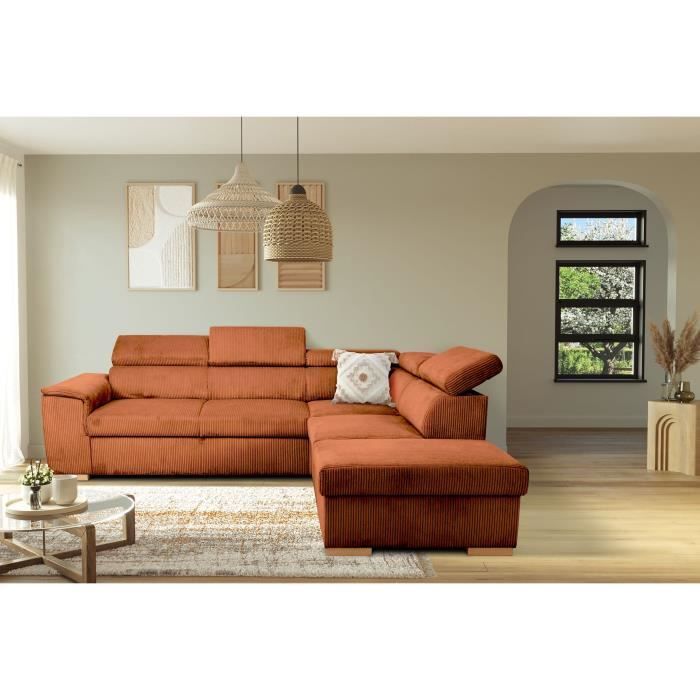 Canapé d'angle convertible réversible - 5 places - DAYTONA - Tissu Velours Terracotta - Coffre de rangement - L260 x H94 x P216 cm