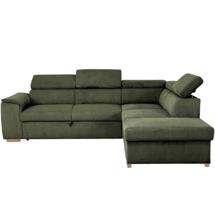 Canapé d'angle convertible réversible - 5 places - DAYTONA - Velours Kaki - Coffre de rangement - L260 x H94 x P216 cm