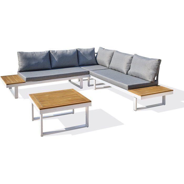 Salon bas de jardin - Aluminium - DCB GARDEN - 5 places - Blanc et bois d'acacia - MIYAKO