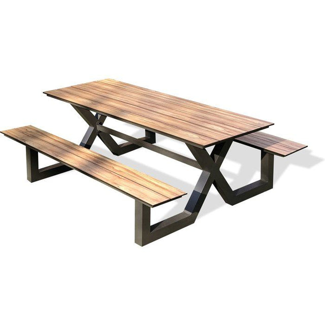Table de jardin avec bancs - Gris anthracite - Aluminium et HPL effet bois - 210 x 174 cm - Vancouver