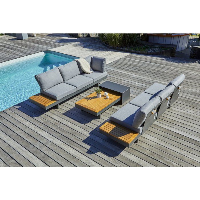 Salon de jardin d'angle - Gris anthracite - Bois d'acacia / aluminium - 6 places - Vanuatu