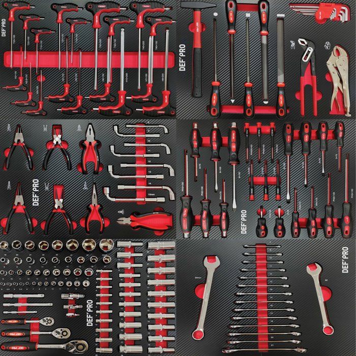 Servante d'atelier - Pleine (201 outils) - 7 tiroirs - DEFPRO - Acier - Rouge