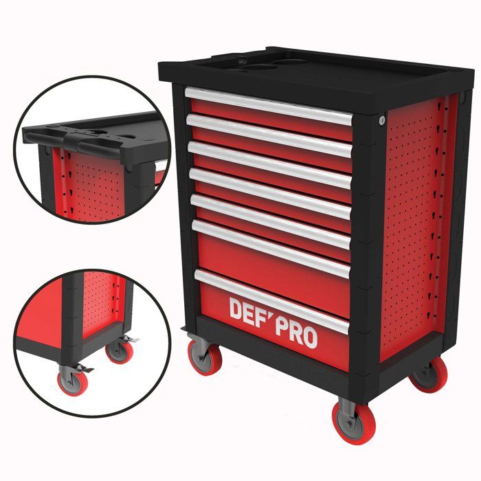Servante d'atelier 7 tiroirs + 283 outils - Defpro - Noir/rouge - Charge 300 kg - Roues freinées