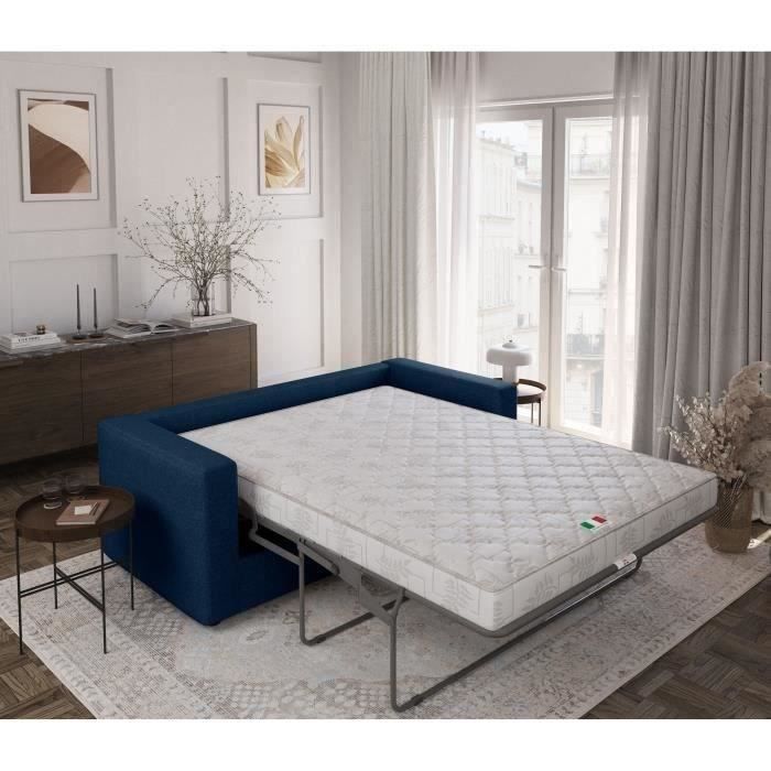 Canapé 3 places - Delta - Tissu Bleu - Convertible semi-express matelas 13cm - 190 x 92 x 90 cm