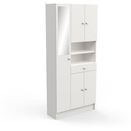 Colonne de salle de bain - 5 Portes - 1 tiroir - 2 niches - miroir - Blanc mat - L82 x P32 x H180 cm - Made in France