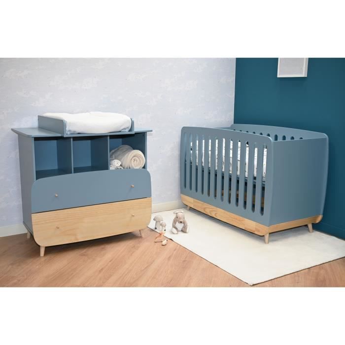 Ens. lit bébé 70 x 140 Kit évolutif, commode 2 tiroirs, 3 niches et 1 plan a langer - FIRMIANA - Scandinave - Bleu / bois -